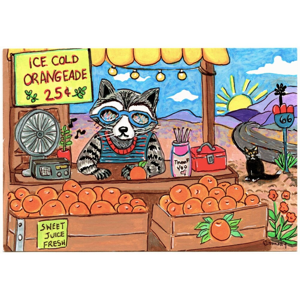 Route 66 Orangeade Stand Raccoon Original Painting 4x6 Whimsical Desert Folk Art